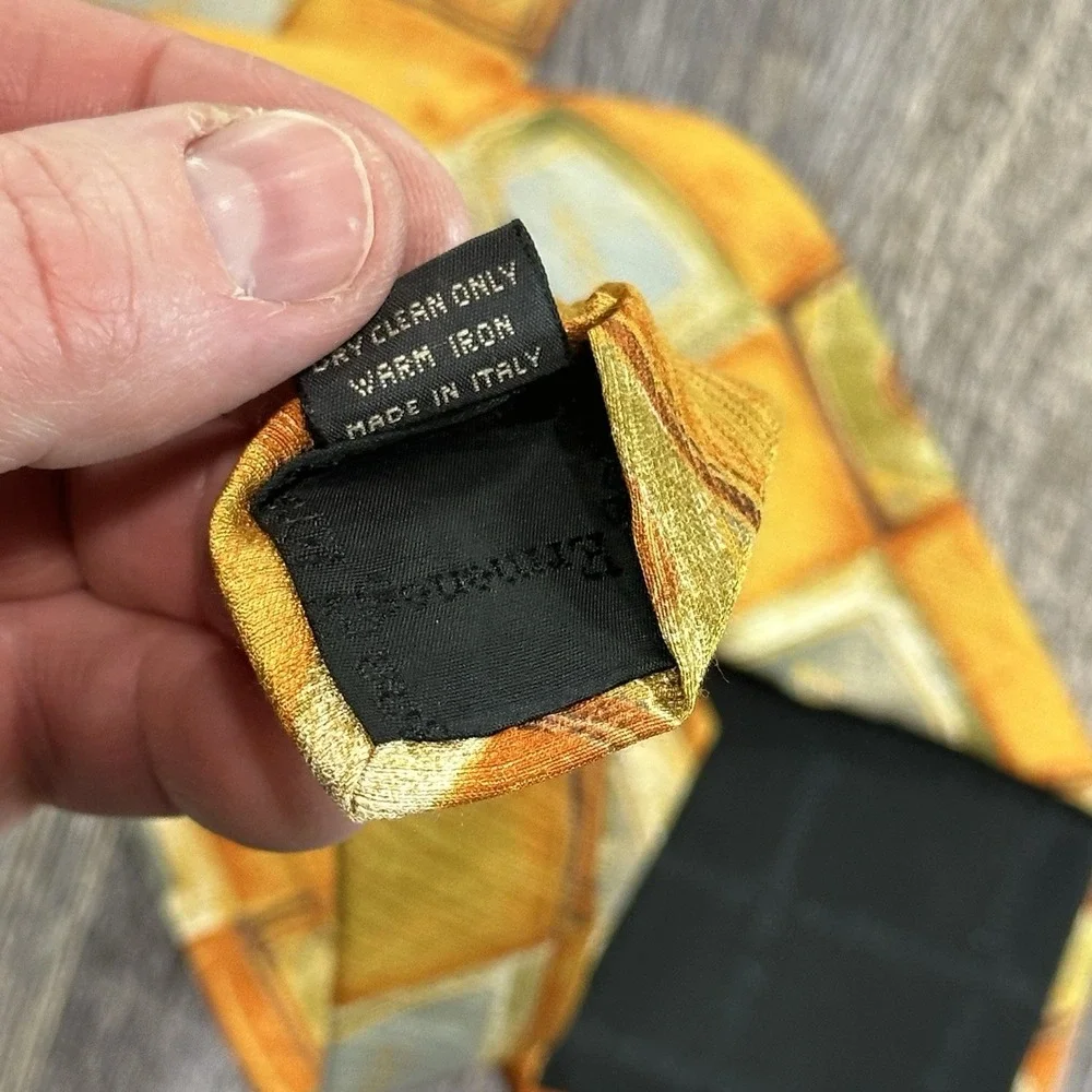 Ermenegildo Zegna 100% Silk‎ Tie Geometric Square Pattern Gold Orange Gray Italy
